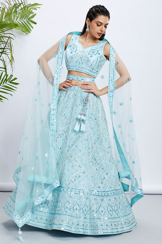 Turquoise Blue Net Fabric Occasion Wear Chaniya Choli With Sequins Work And Blouse