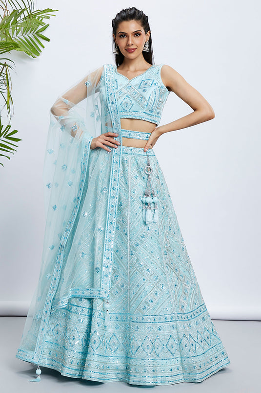 Turquoise Blue Net Fabric Occasion Wear Chaniya Choli With Sequins Work And Blouse