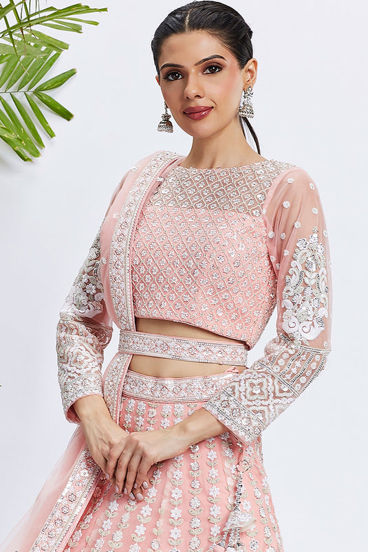 Net Fabric Function Wear Sequins Work Lehenga Choli In Pink Color