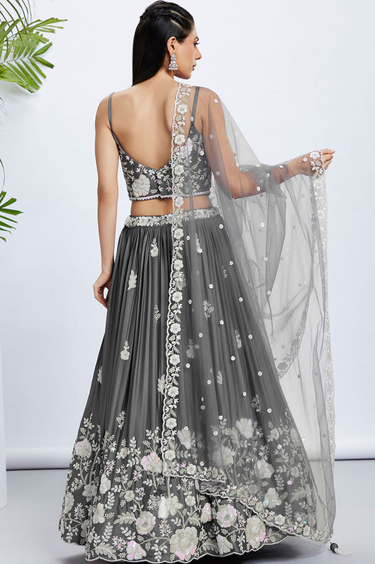 Grey Sequins Work On Georgette Sangeet Wear Lehenga With Beautiful Blouse