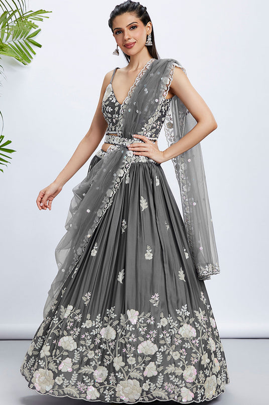 Grey Sequins Work On Georgette Sangeet Wear Lehenga With Beautiful Blouse