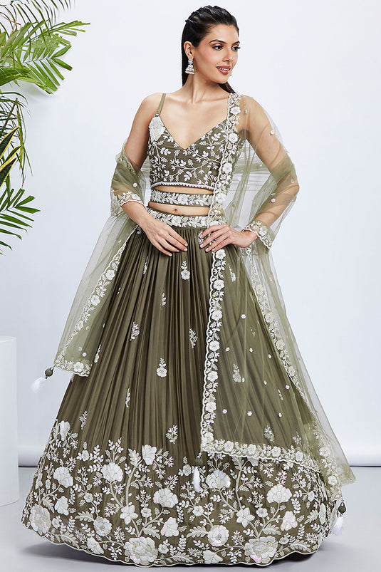 Sequins Work On Olive Georgette Sangeet Wear Chaniya Choli With Designer Blouse