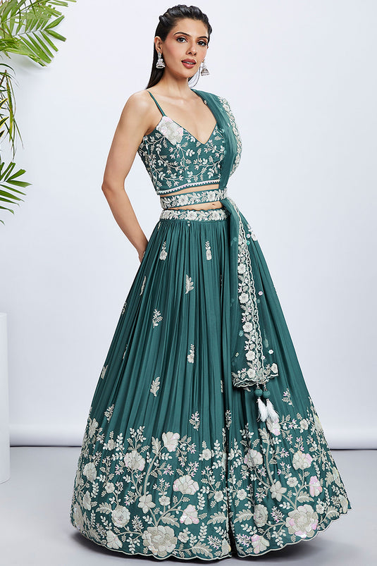 Sequins Work On Turquoise Blue Lehenga In Georgette Fabric With Mesmeric Blouse