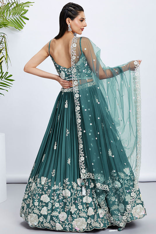 Sequins Work On Turquoise Blue Lehenga In Georgette Fabric With Mesmeric Blouse