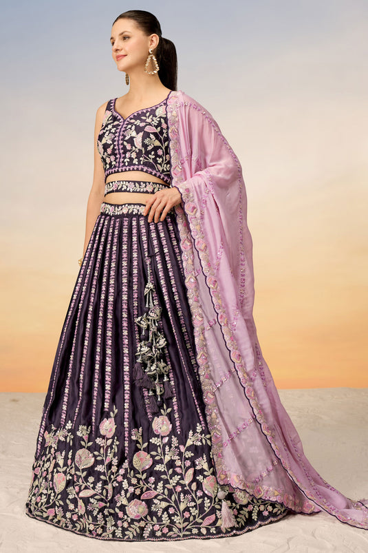 Purple Satin 3 Piece Lehenga With Sequins Work And Alluring Blouse