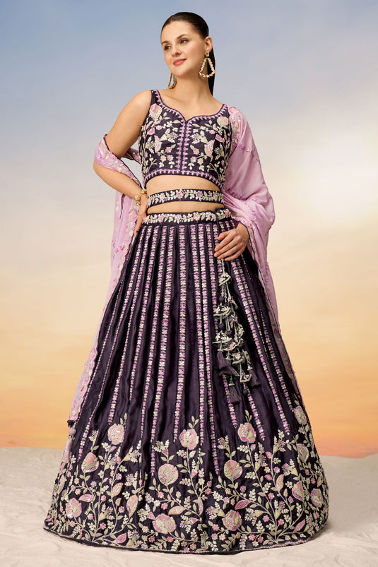 Purple Satin 3 Piece Lehenga With Sequins Work And Alluring Blouse