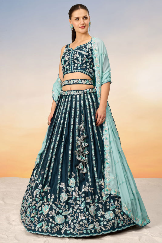 Teal Satin Fabric Sequins Work Lehenga With Blouse