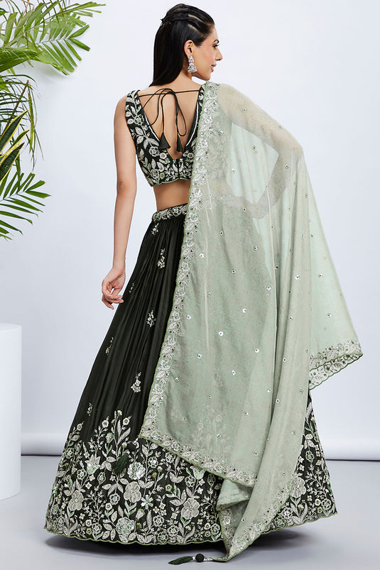 Olive Silk Fabric Sequins Work Lehenga With Blouse