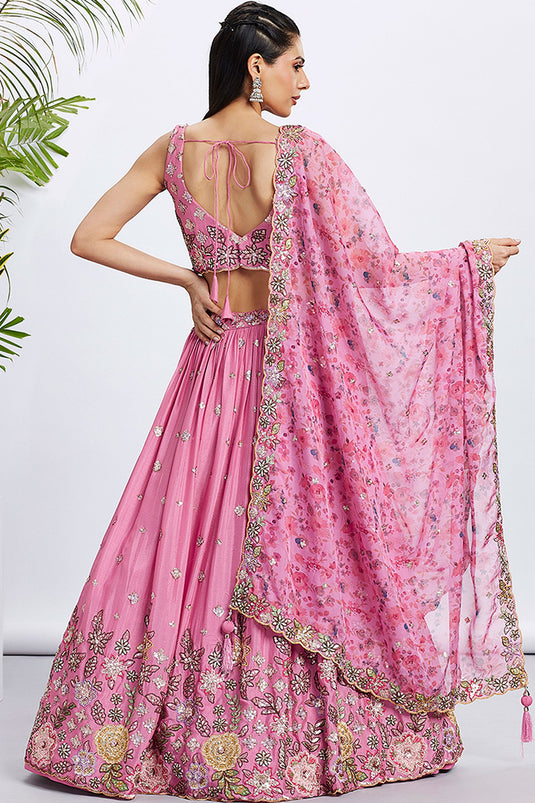 Pink Sequins Work Chiffon Silk Lehenga With Riveting Blouse