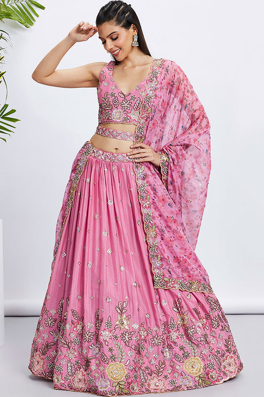 Pink Sequins Work Chiffon Silk Lehenga With Riveting Blouse