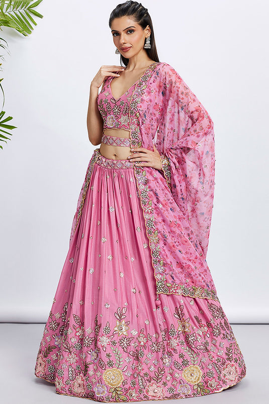 Pink Sequins Work Chiffon Silk Lehenga With Riveting Blouse