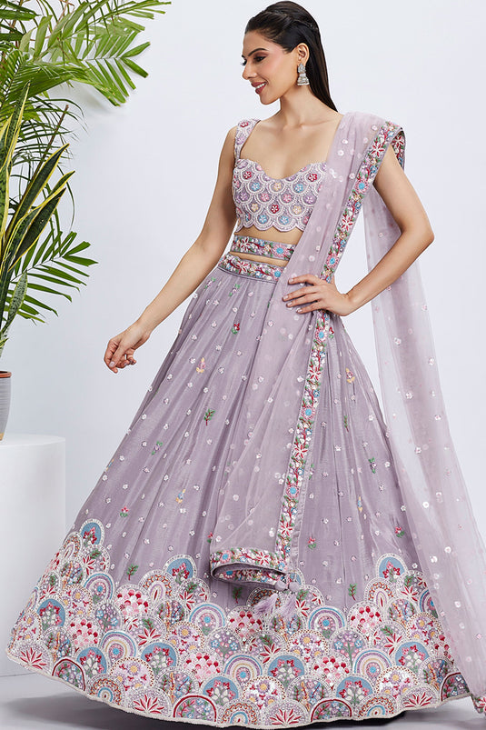 Chiffon Purple Sequins Work 3 Piece Lehenga With Enthralling Blouse