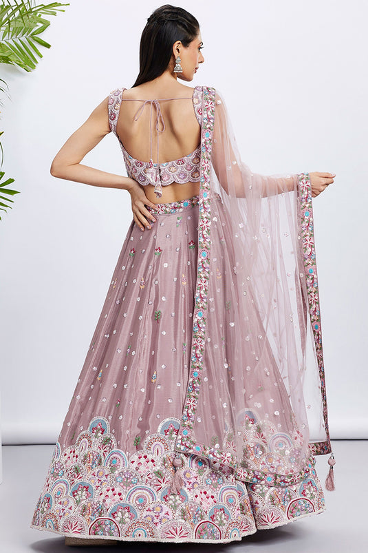 Sequins Work Rose Gold Designer Lehengas In Chiffon Fabric With Beautiful Blouse