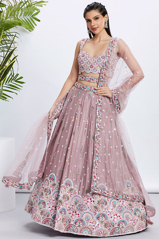 Sequins Work Rose Gold Designer Lehengas In Chiffon Fabric With Beautiful Blouse