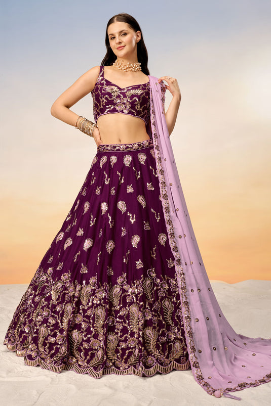 Sequins Work On Wine Georgette Lehenga With Artistic Blouse