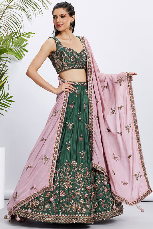 Sequins Work Green Chiffon Reception Wear Lehenga Choli