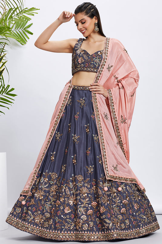 Chiffon Fabric Wedding Wear Lehenga Choli In Violet With Sequins Work