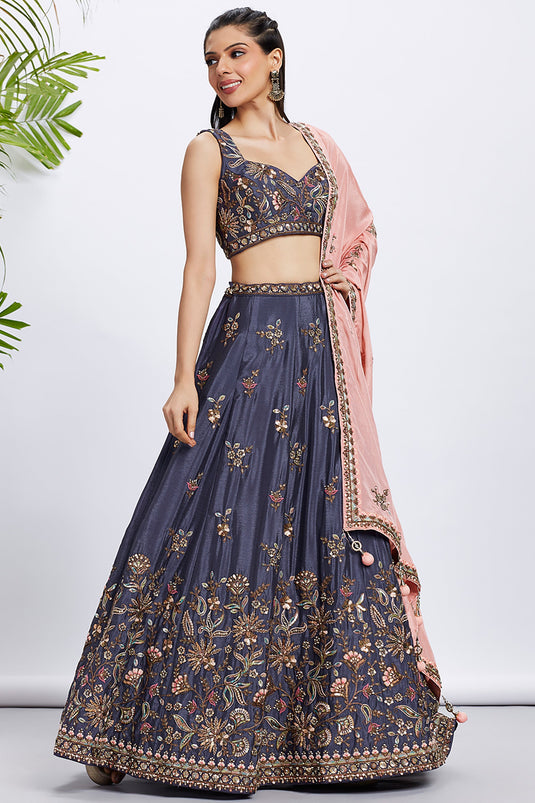 Chiffon Fabric Wedding Wear Lehenga Choli In Violet With Sequins Work