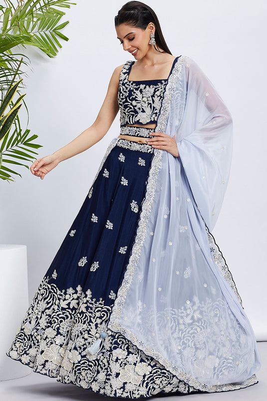 Navy Blue Sequins Work Georgette Fabric Reception Wear Lehenga With Enchanting Blouse