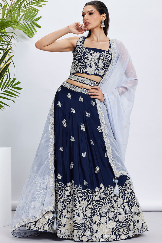 Navy Blue Sequins Work Georgette Fabric Reception Wear Lehenga With Enchanting Blouse