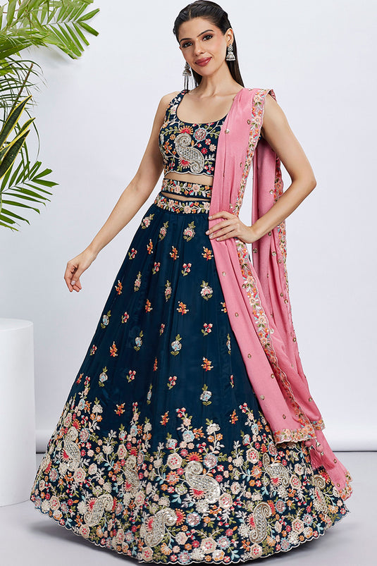 Organza Fabric Navy Blue Sequins Work Designs Wedding Wear Lehenga And Enigmatic Blouse