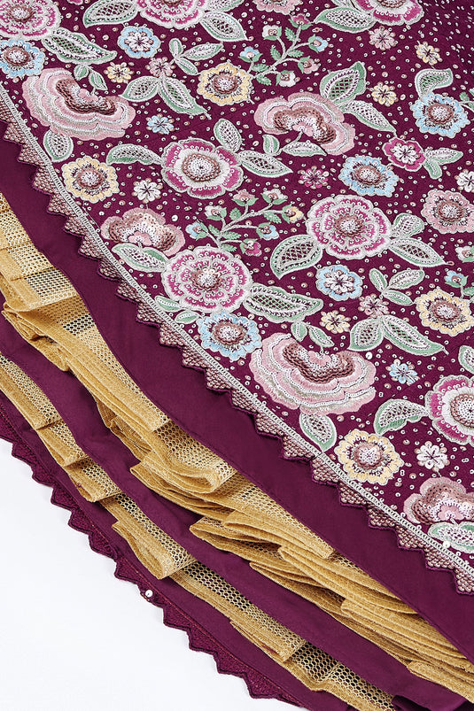 Sequins Work Burgundy Designer 3 Piece Lehenga Choli In Chiffon Fabric