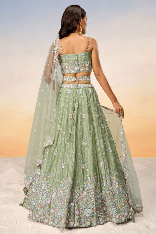 Sequins Work On Chiffon Sea Green Lehenga With Fascinating Blouse