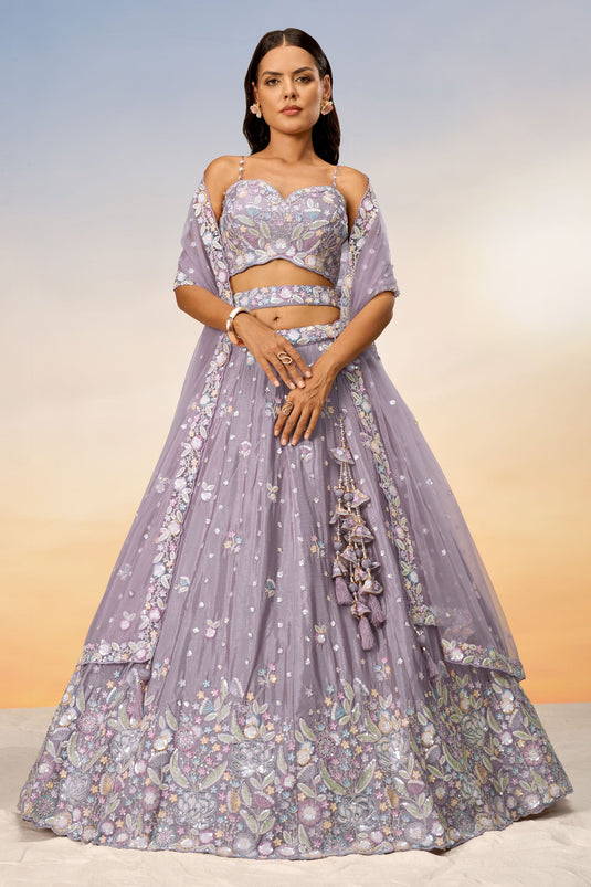 Chiffon Lavender Sequins Work 3 Piece Lehenga With Enthralling Blouse