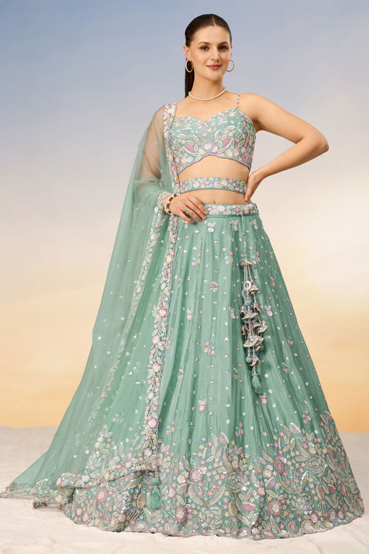 Sea Green Chiffon Sangeet Wear Lehenga With Sequins Work And Alluring Blouse