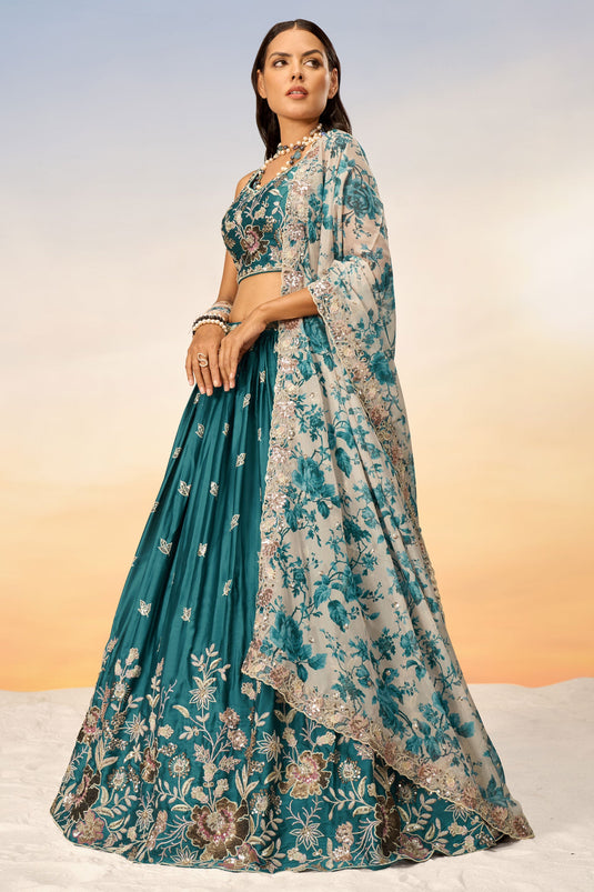 Sequins Work Teal Chiffon Sangeet Wear Lehenga With Artistic Blouse