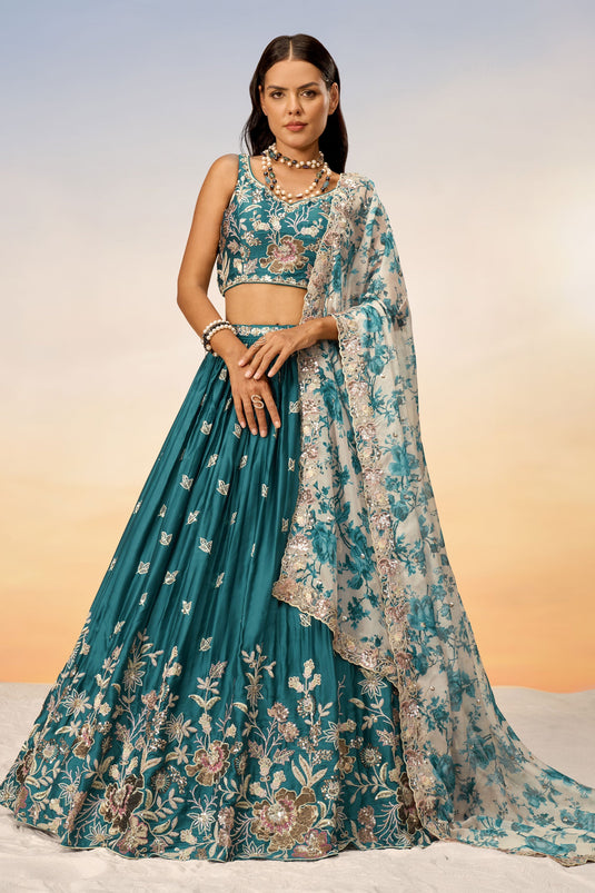 Sequins Work Teal Chiffon Sangeet Wear Lehenga With Artistic Blouse