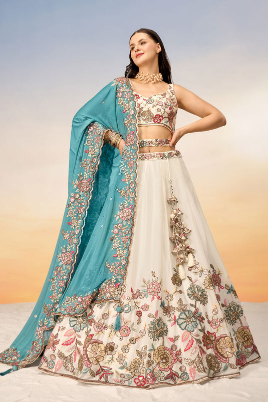 Sequins Work Cream Color Wedding Wear Fancy Lehenga Choli In Georgette Fabric