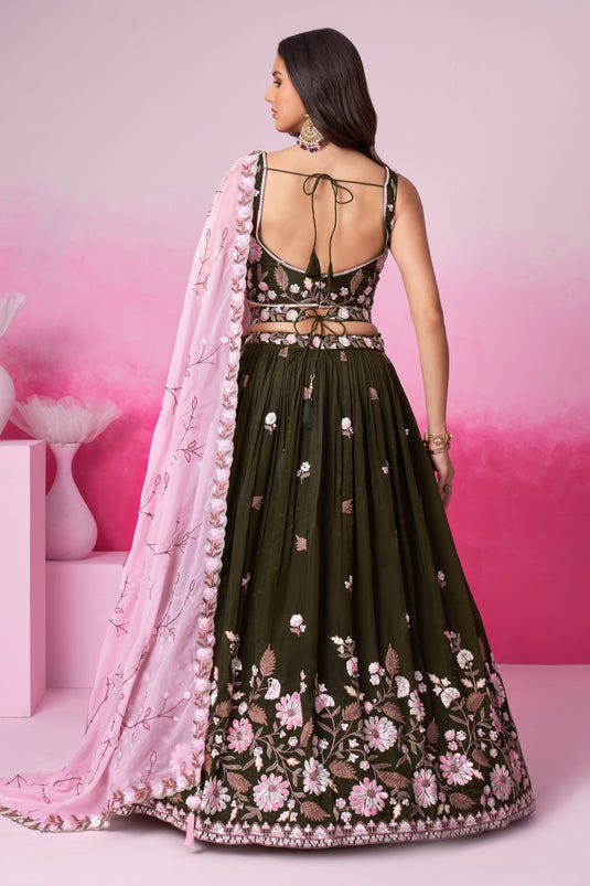 Sequins Work Olive Color Wedding Wear Fancy Lehenga Choli In Satin Fabric