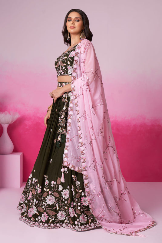 Sequins Work Olive Color Wedding Wear Fancy Lehenga Choli In Satin Fabric