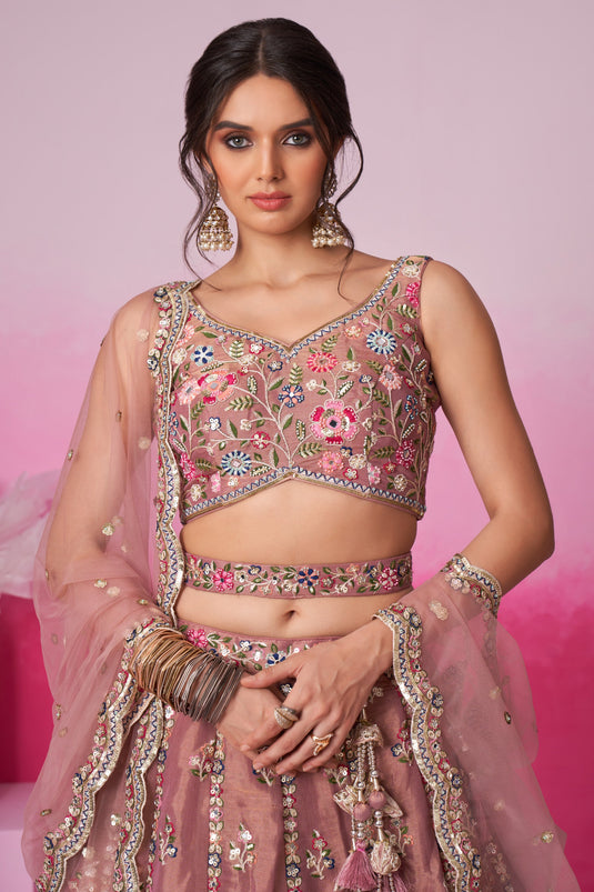 Net Fabric Pink Designer 3 Piece Lehenga Choli With Sequins Work Designs