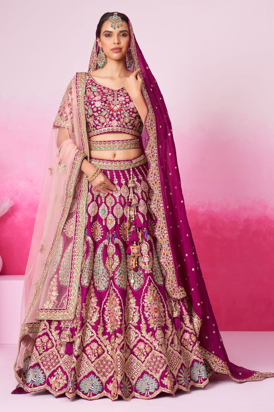 Silk Fabric Wedding Wear 3 Piece Lehenga Choli In Burgundy Color With Sequins Work