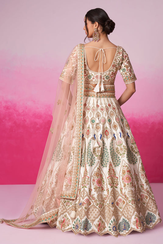 Cream Color Silk Fabric Bridal Lehenga Choli With Sequins Work