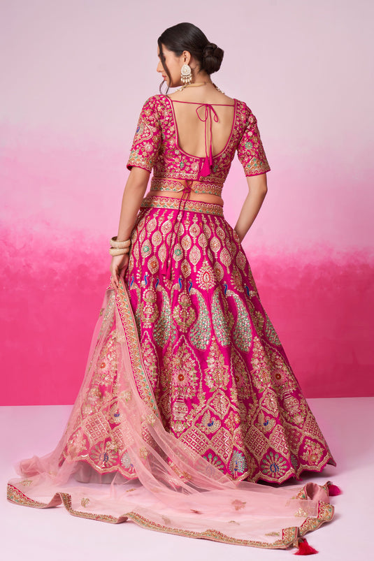 Silk Fabric Pink Color Wedding Wear 3 Piece Lehenga Choli With Sequins Work