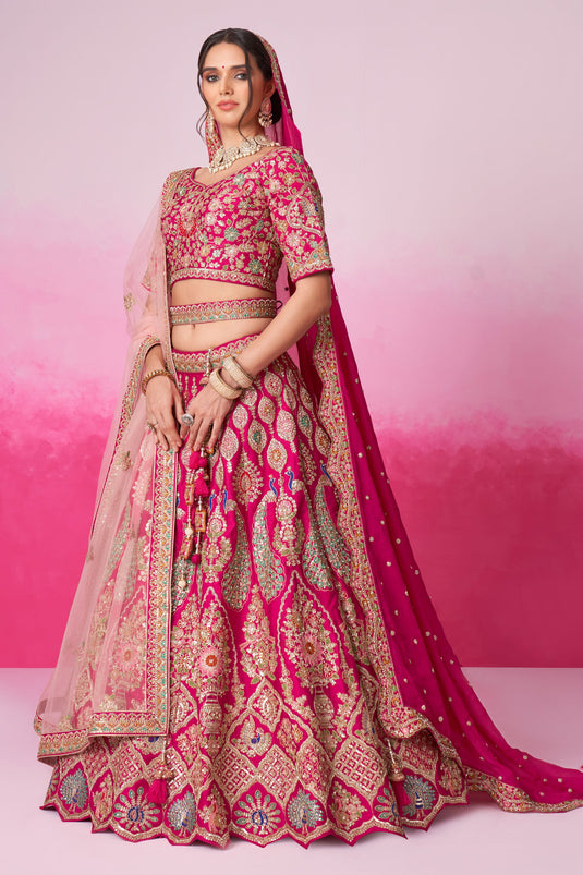 Silk Fabric Pink Color Wedding Wear 3 Piece Lehenga Choli With Sequins Work