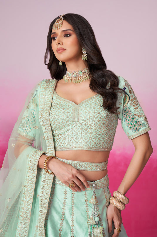 Sequins Work Silk Fabric Designer Lehenga In Sea Green Color With Blouse