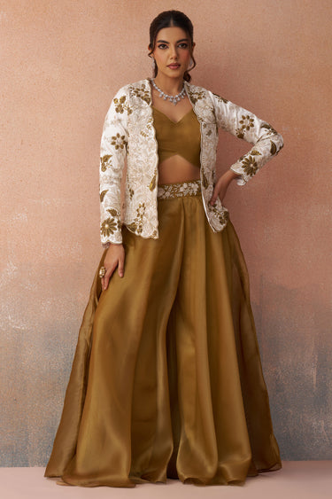 Elegant Brown Tissue Readymade Indo Western Crop Top With Jacket And Palazzo Set