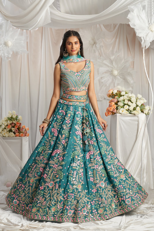 Teal Wedding Wear Poly Georgette Lehenga Choli