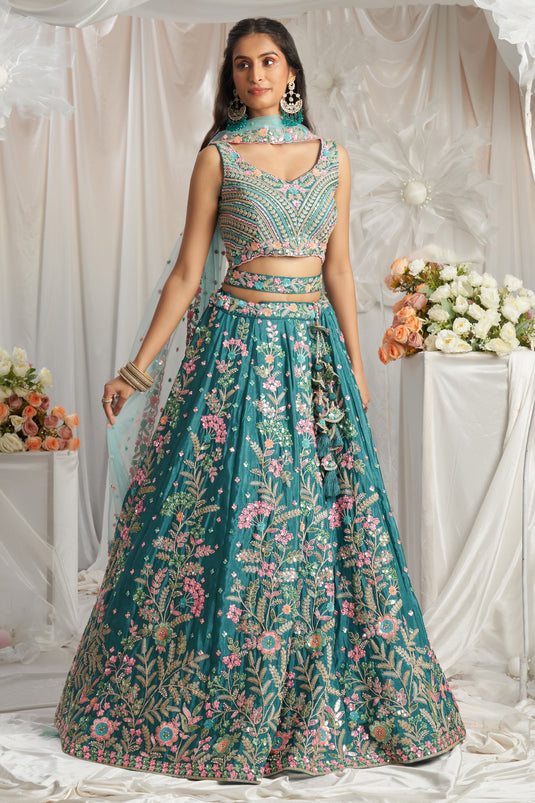 Teal Wedding Wear Poly Georgette Lehenga Choli