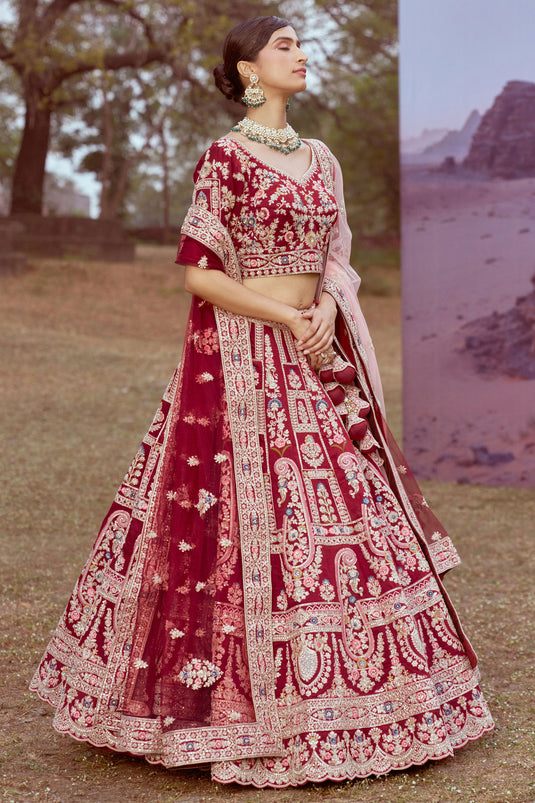 Maroon Embroidered Silk Lehenga Choli