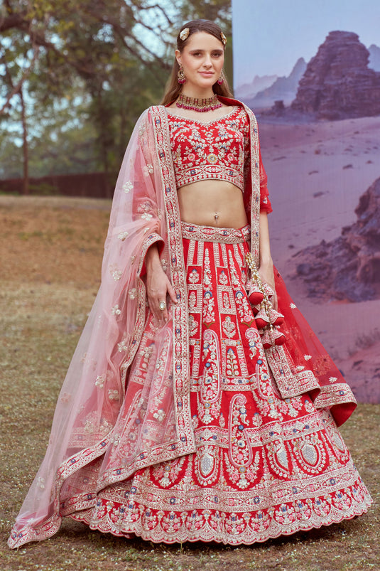 Glamour Embroidered Red Silk Heavy Lehenga Choli