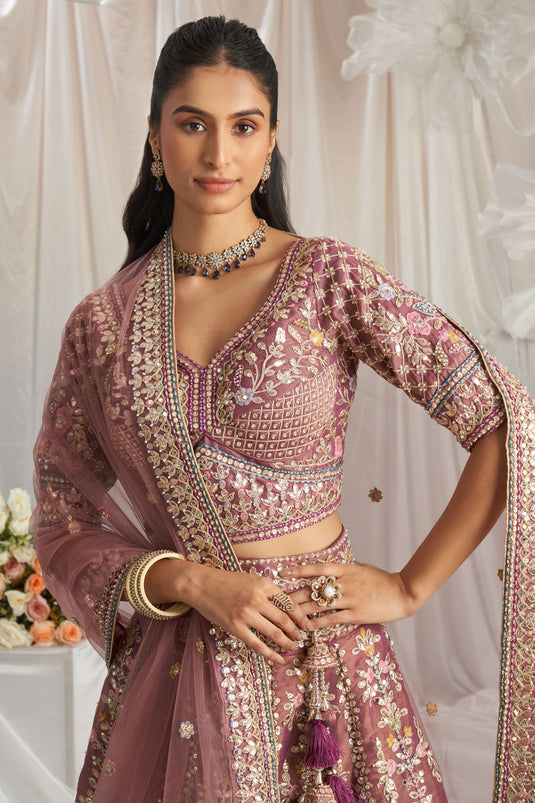 Embroidered Tissue Designer Lehenga Choli In Lavender Color