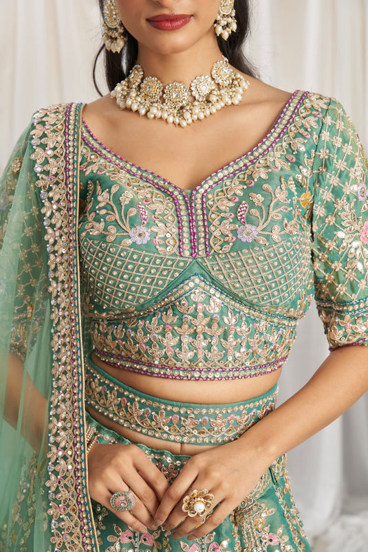 Extraordinary Tissue Sequins Work Sea Green Lehenga Choli