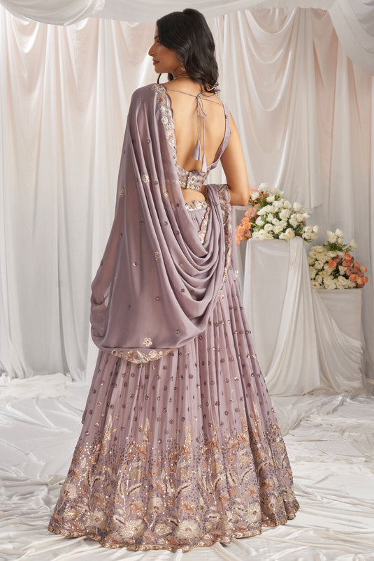 Thread Embroidery Poly Georgette Trendy Lehenga Choli In Lavender Color