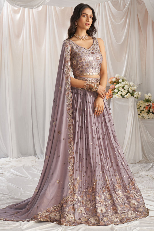 Thread Embroidery Poly Georgette Trendy Lehenga Choli In Lavender Color