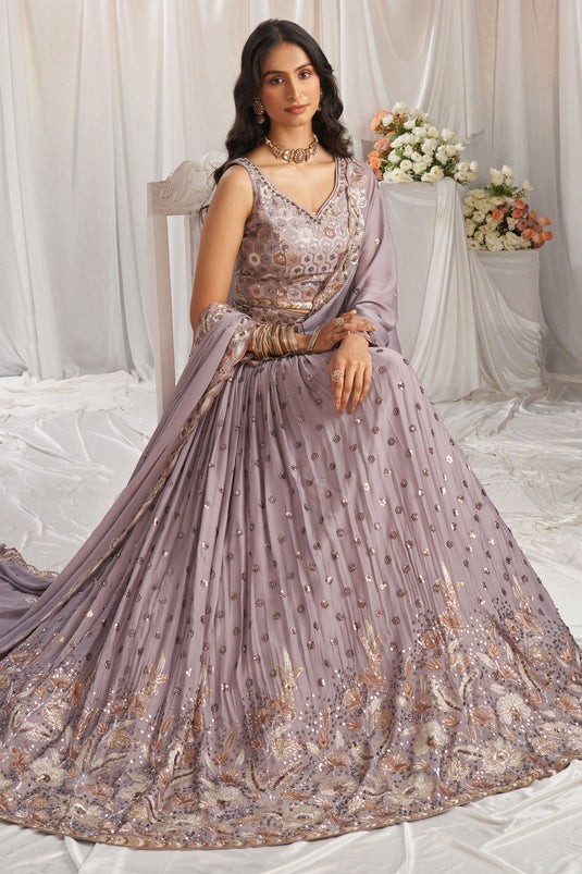 Thread Embroidery Poly Georgette Trendy Lehenga Choli In Lavender Color